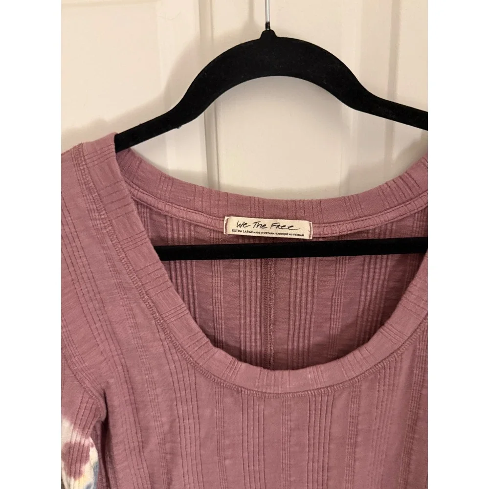 We The Free Free People Big Sur Mauve Ribbed Tie Dye Sleeve Scoop Neck Top XL